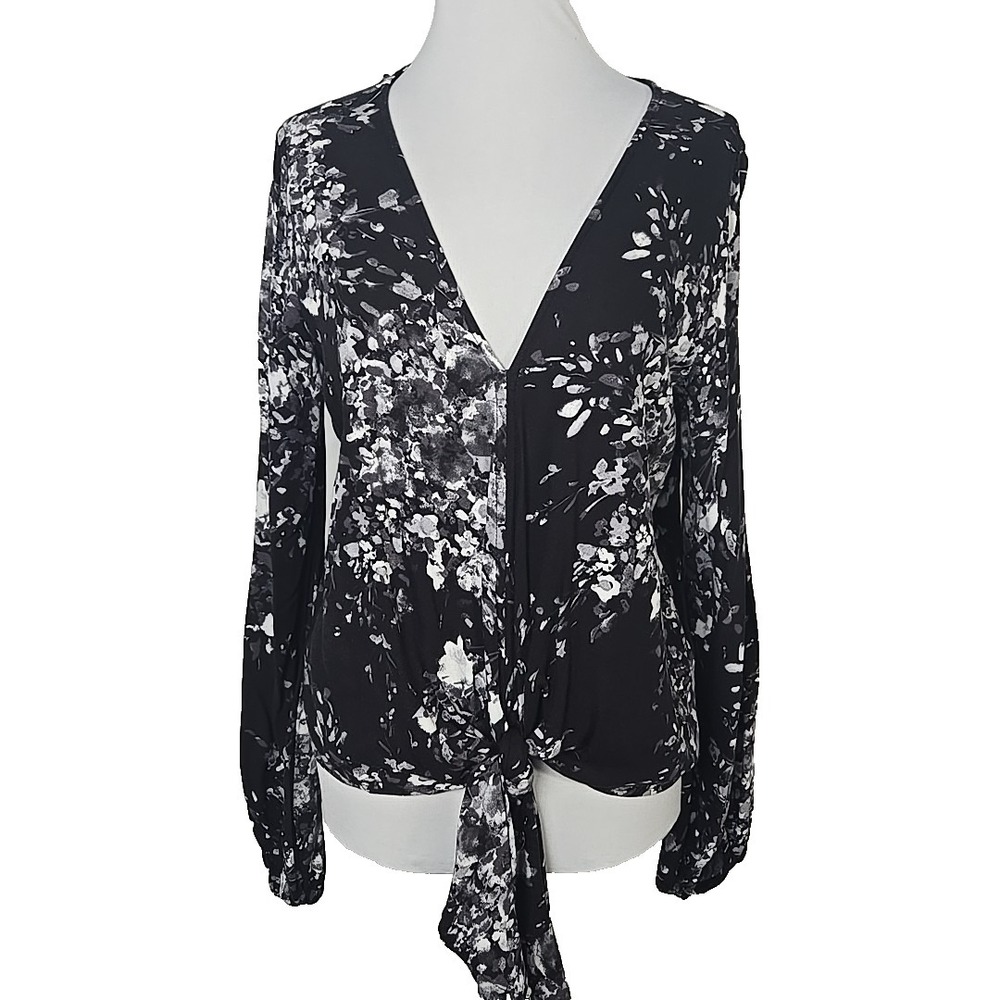 Lovesick Black White Abstract‎ Print V-neck Type Front Blouse Top Medium M
